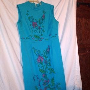 Vintage Full Length Evening Gown Floral Embroidery